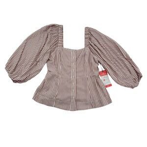 CAbi Carnival Long Bishop Sleeve Square Neck Blouse White/Red Stripe NEW Sz M